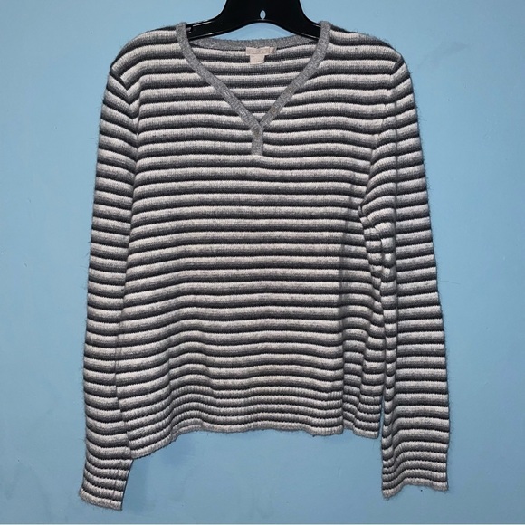 J.Crew Lambswool and Angora Striped V-Neck Button Neck Sweater Size Large - Picture 1 of 6